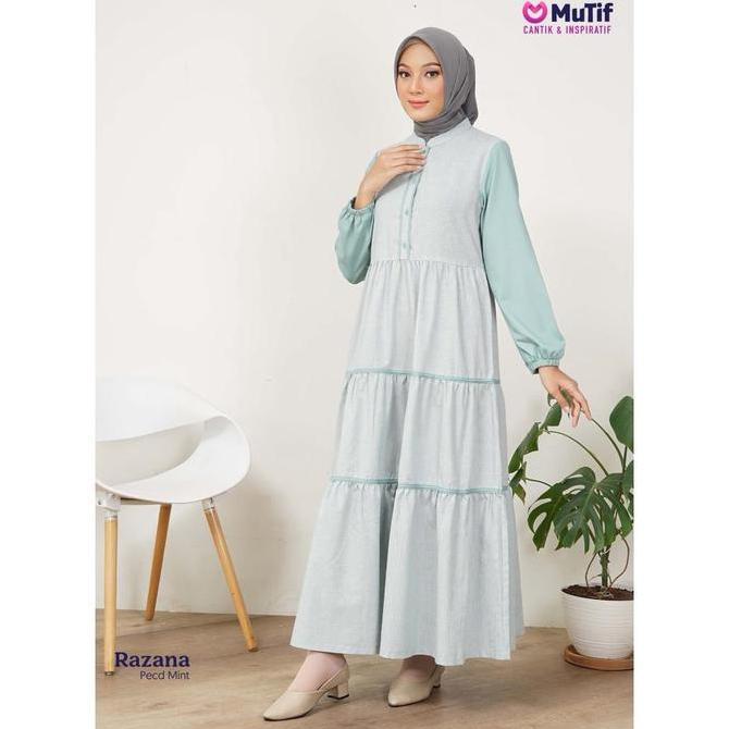 MUTIF Gamis Wanita Dewasa Razana Motif Mini Square Kotak Ruffle Bertingkat dan Busui Wudhu Friendly