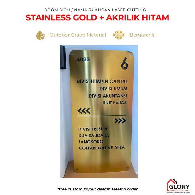 Promo GHD Nama Ruangan / Room Sign Laser Cut Stainless Gold + Akrilik Custom Diskon
