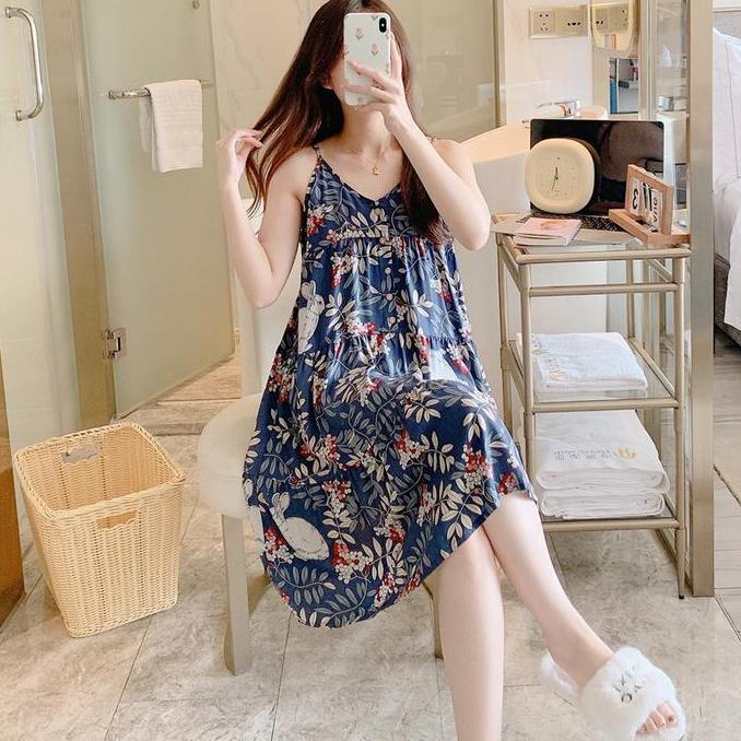 Vestito- Aklover Daster Kekinian Baju Tidur Nitatanpa Lengan Pakaian Rumah Yang Panjang Piyama