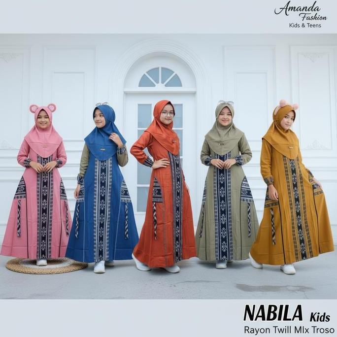 NEW GAMIS AMANDA NABILA KIDS & REMAJA SET HIJAB RAYON TWILL PREMIUM MIX KAIN TENUN TROSO MOTIF DAN W