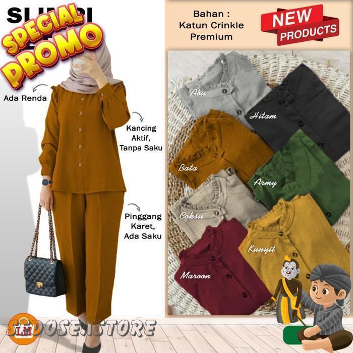 Setelan Baju Celana Wanita Muslim Slimpi Set Katun Crinkle All Size Xl-Xxl / 29288