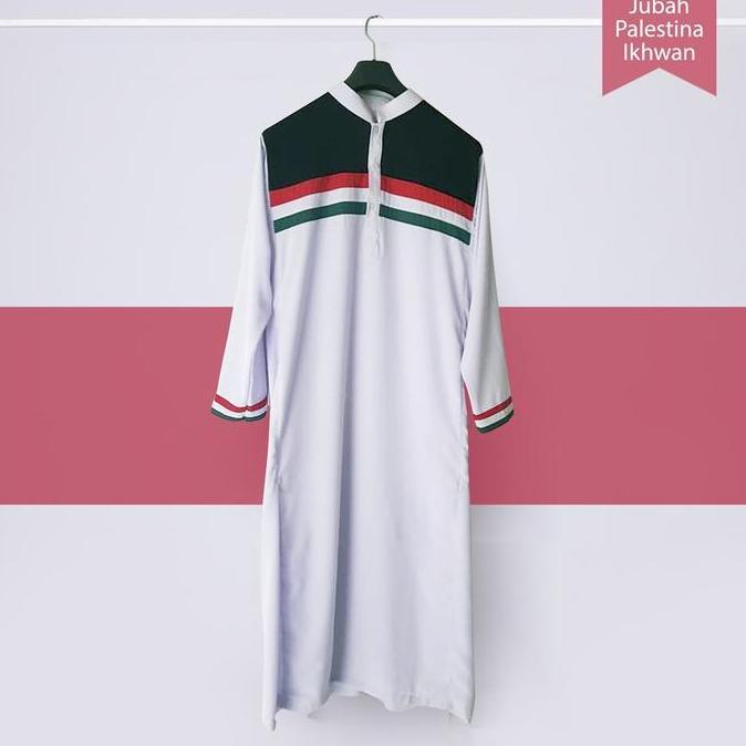 Gamis Jubah Palestina putih pria dewasa lengan panjang fashion muslim pakaian perlengkapan sholat