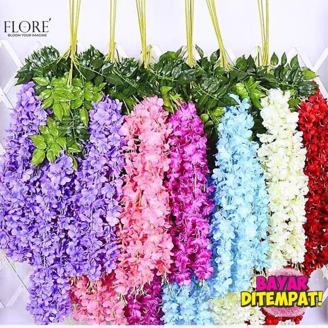 Bunga wisteria jumbo juntai /[1 Lusin] Juntai Wisteria Jumbo Gantung Daun Rambat Plastik- Bunga Lave