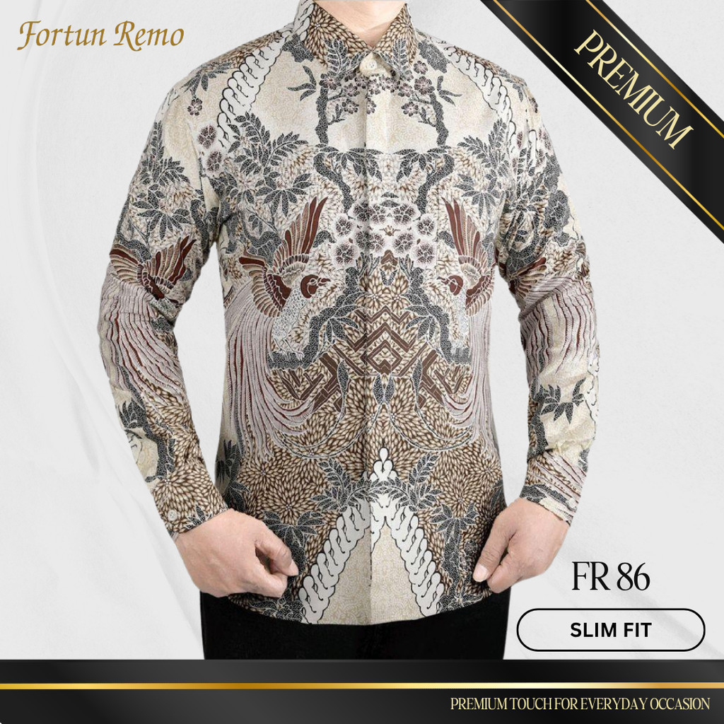 BAJU KEMEJA BATIK PRIA SLIM FIT MODERN LENGAN PANJANG FORTUN REMO CREAM KUNING FR86