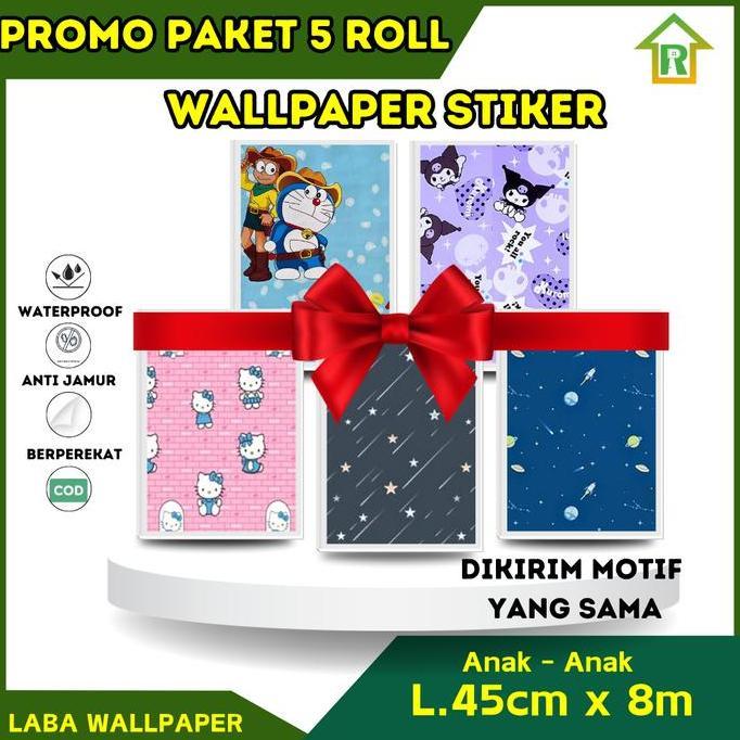 WALLPAPER DINDING PAKET 5 ROLL Wallstiker Motif Anak Anak Doraemon ,Princess ,Hellokitty ,Bintang Uk