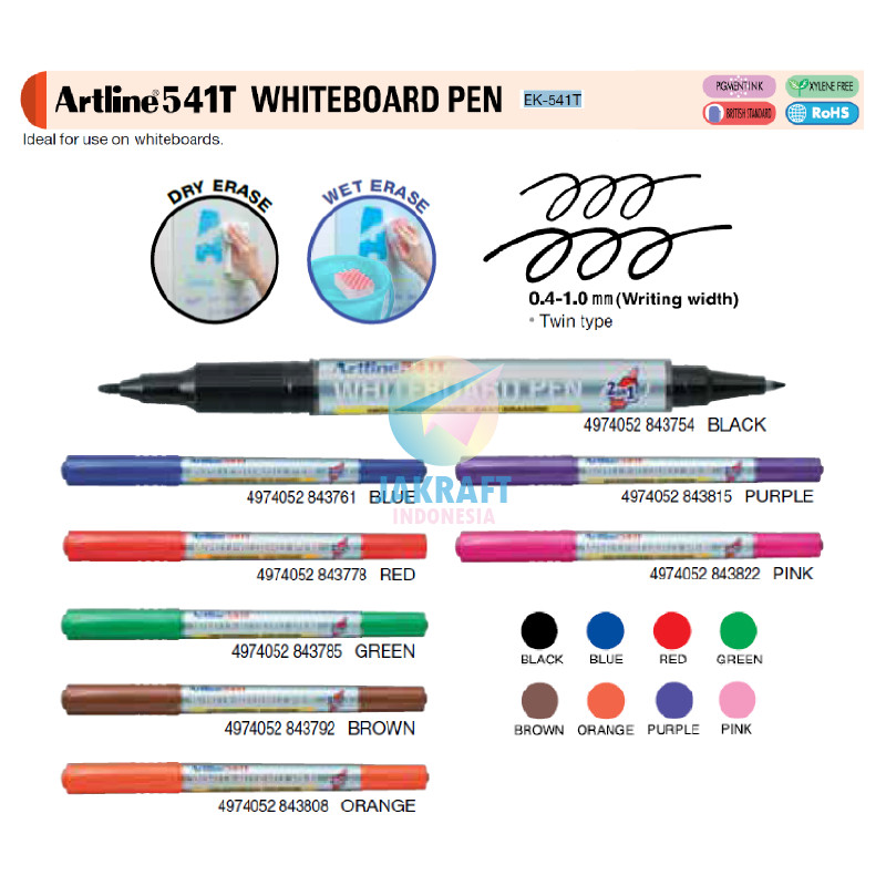 (1 Pcs) Spidol Papan Tulis & Kaca Artline 2-In-1 Ek-541T Black / Blue / Red / Green / Brown / Orange