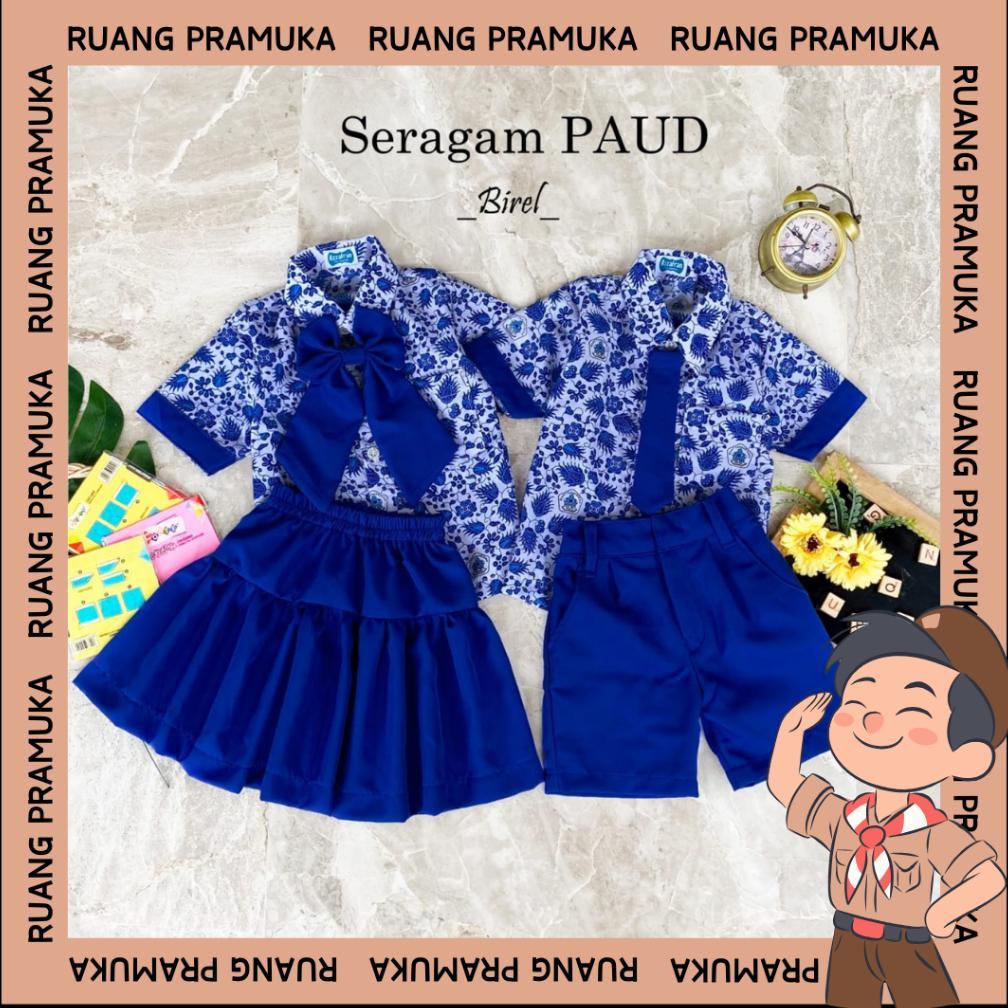 Free Ongkir Baju Batik Paud Biru Seragam Tk Anak Setelan Seragam Sekolah Batik Paud 1-10 Tahun