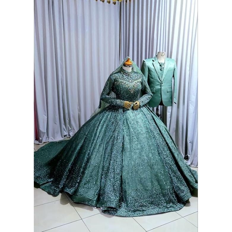 Best Seller Sepasang Gaun Pengantin Hijau Wardah Lengkap Jas