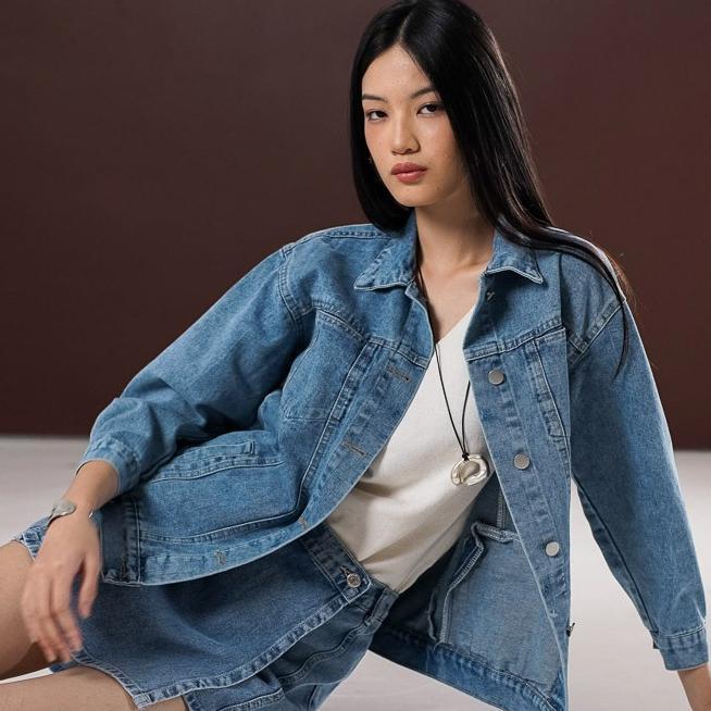 HOT This Is April Laverna Jacket Outer Jeans Wanita Pocket Blue Acid Denim