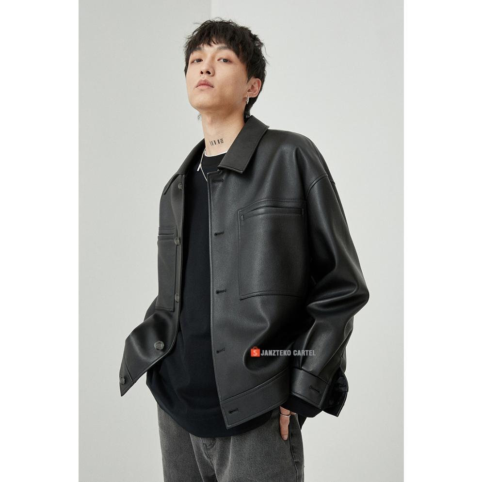 MURAH JNK x MAURO - Jaket Kulit Imitasi Pria Hitam Coklat Overisze Ukuran Besar Leather Jacket Premi