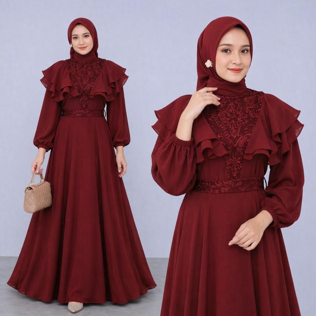 Free Ongkir R.A - Meghan Dress Gamis Brukat Organza Mewah Gaun Pesta Maxi Muslim Wanita Premium