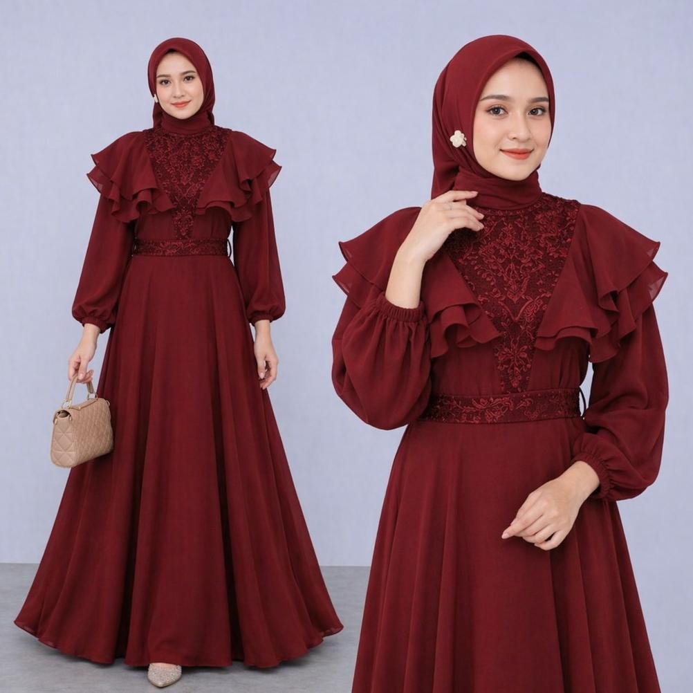 Best Seller R.A - Meghan Dress Gamis Brukat Organza Mewah Gaun Pesta Maxi Muslim Wanita Premium