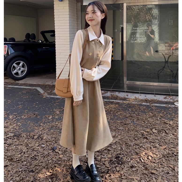 BEST SELLER Dress Retro Kasual Wanita Gaya Korea Dress Lengan Panjang Kerja Longgar