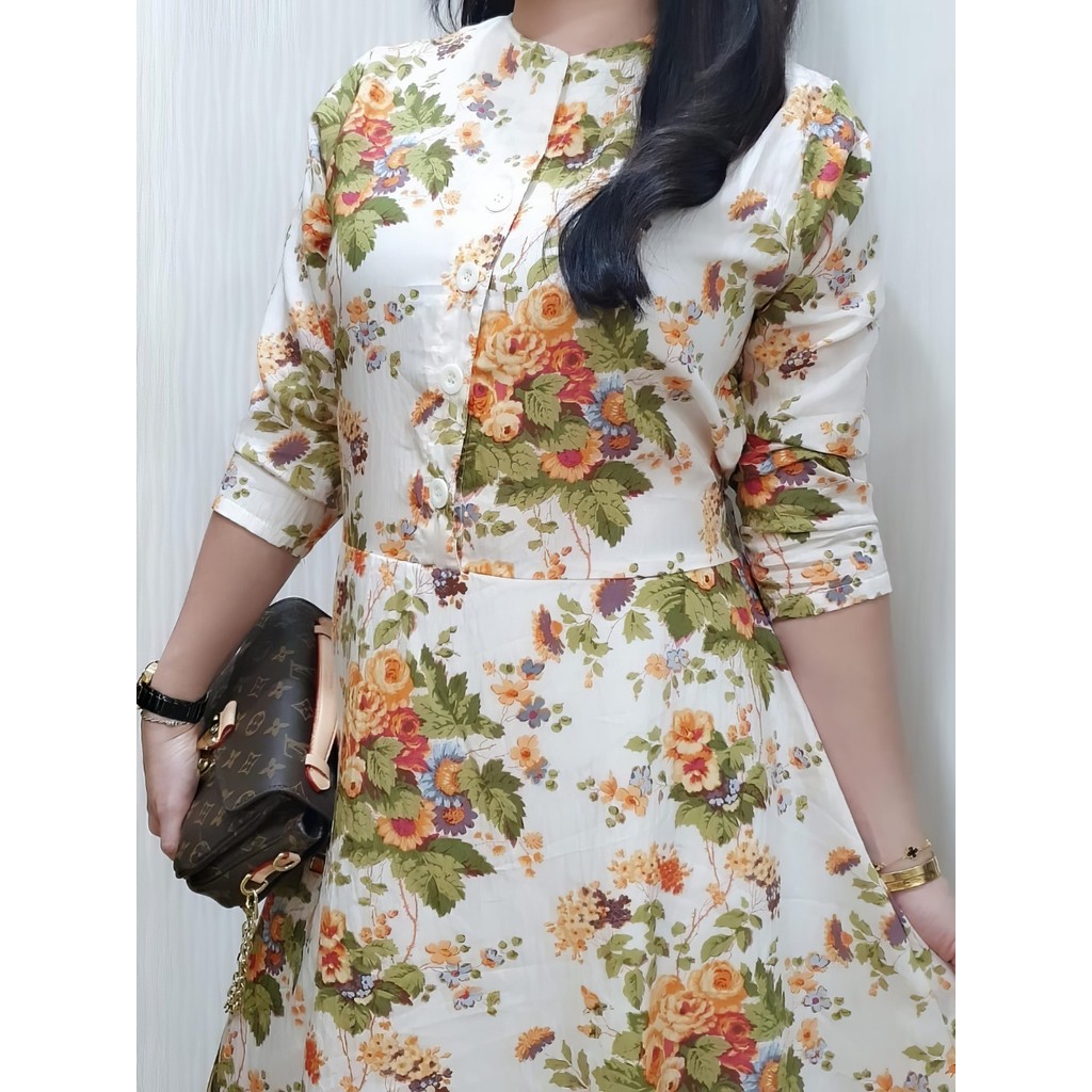JESS Dress Wanita Dress Katun Motif Bunga – Dress Midi Casual Elegan untuk Kerja / Hangout - Dress N