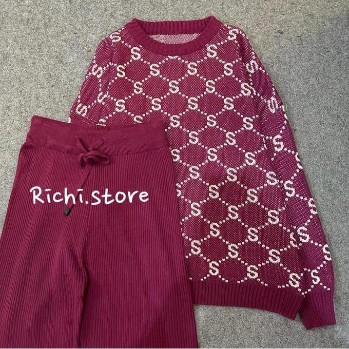 Syla Oversize - Setelan Rajut Wanita Motif Huruf S Baju Celana
