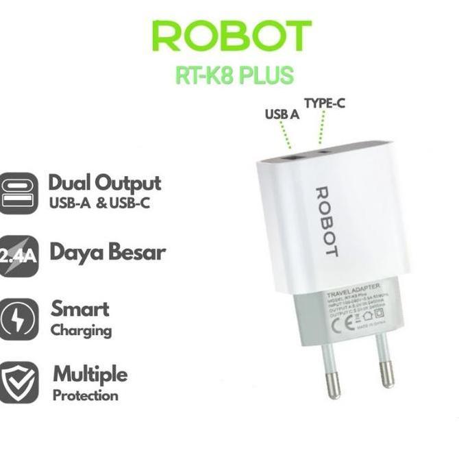 Robot RT-K8 PLUS Kepala Charger Adaptor Dual Output USB + Type C 2.4A