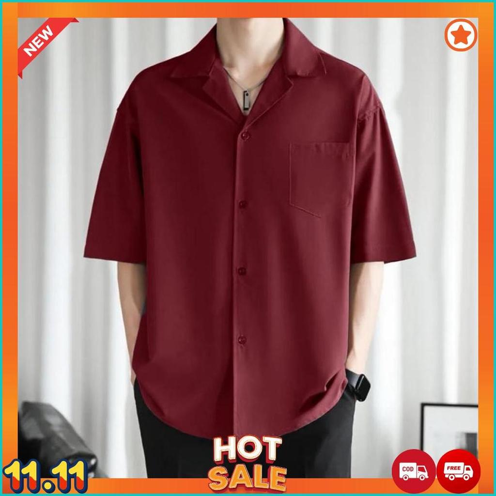 Kemeja Hawai Polos Pria Keren Outfit Cowok Pantai Kerah Piyama Katun Rayon Premium [K7]