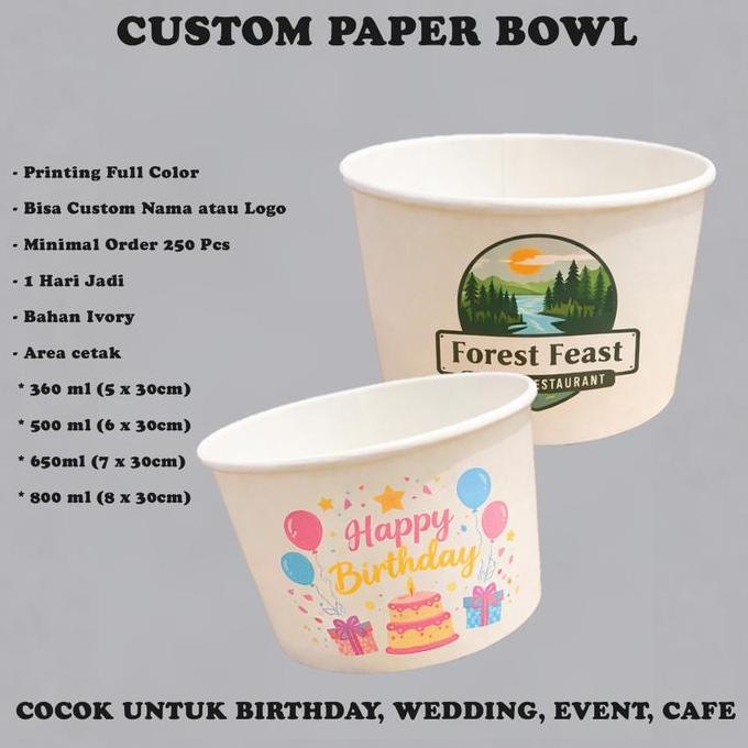 Paper Bowl Custom Design Bahan Ivory 360 / 500 / 650 / 800ml  - 1 Pack (Isi 25 Pcs) (TERBAIK) (TERBA