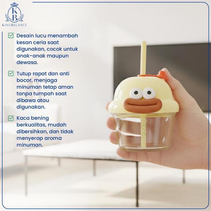King Balance Gelas Kaca Tutup Gelas Kecil Kaca Minum Anak Anti Tumpah Karakter Lucu GWB03-210