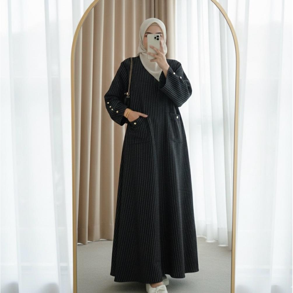 GARANSI Abaya Salur Strip Gamis Motif Salur Semiwoll Busui