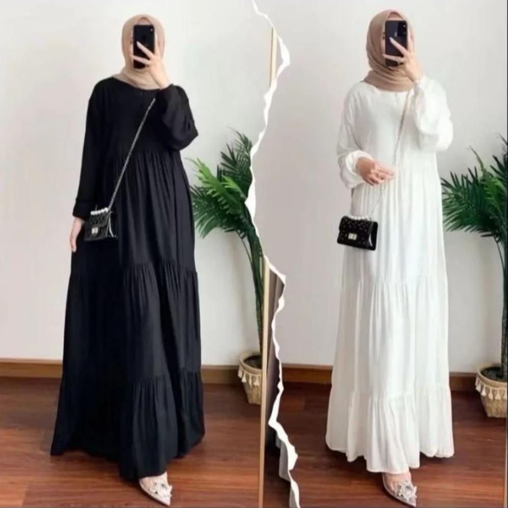 ORIGINAL GAMIS HITAM PUTIH REMPEL SUSUN BAHAN RAYON PREMIUM / BUSANA MUSLIMAH TERBARU / GAMIS TERBAR