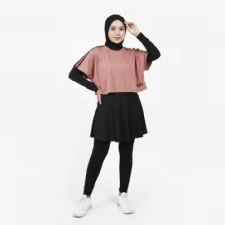 Premium Setelan Olahraga 3 In 1 Crop Legging Rok Manset Baju Sport Muslim Panjang Wanita Senam Lari 