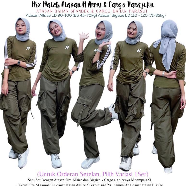 Berkualitas Mix Atasan Baju Senam N Petir Army Lis Putih Dan Cargo Harajuku Army Lis Putih (Bisa Dib