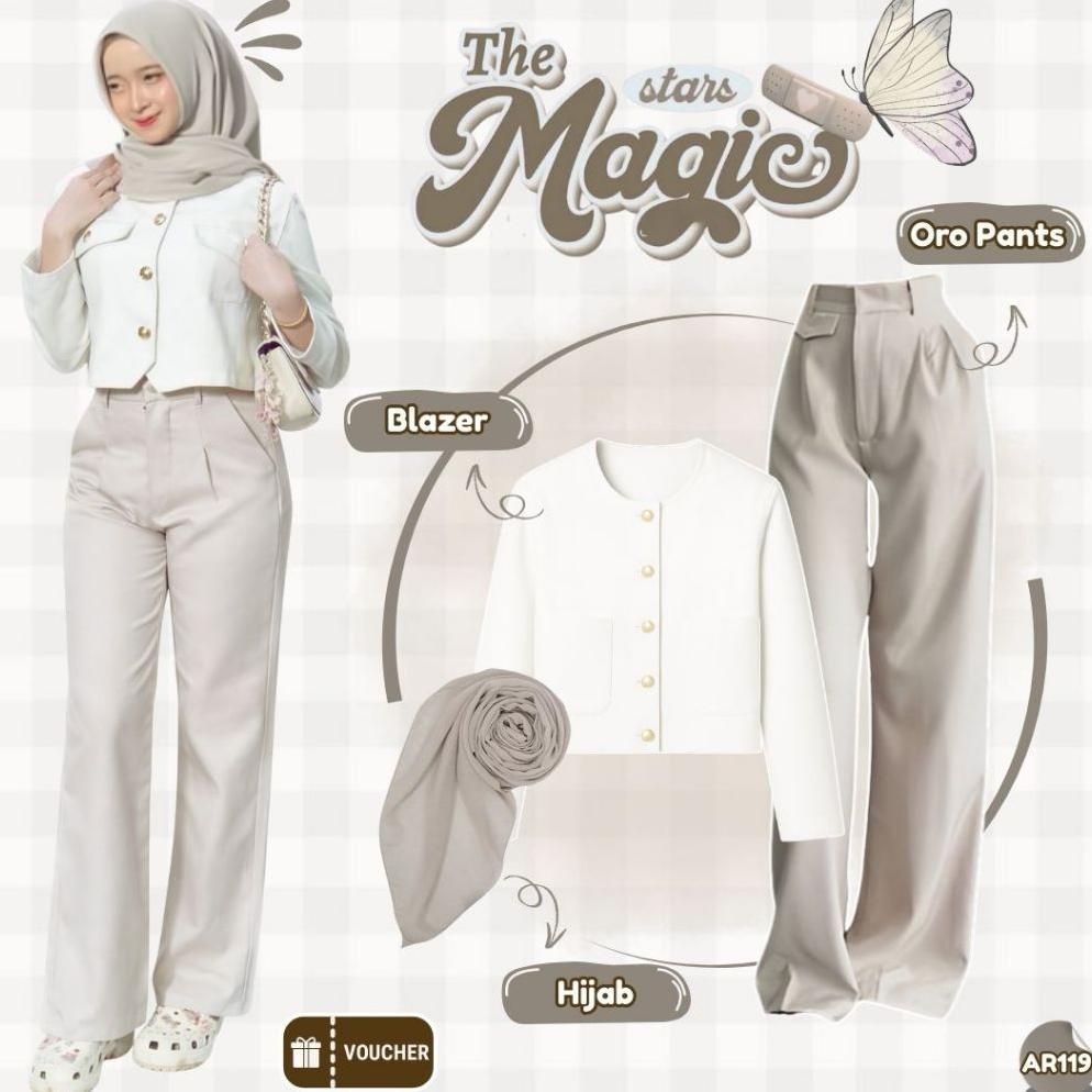 Premium One Set Wanita Korean Style (Gemma Blazer+Oro Pants+Hijab Ivory) Ootd 3In1 Look Simpel Elega