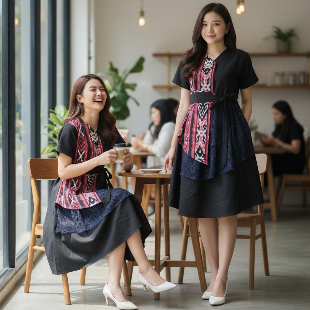Premium Keishan.Id - Dress Tile Mutiara Motif Andin Baju Natal Kondangan Hariraya Mewah Brokat Tile 