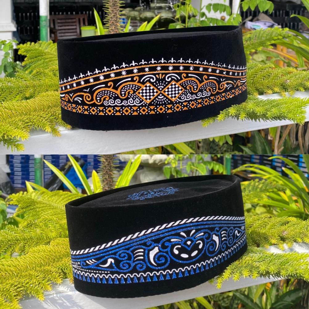 bestpromo peci batik sablon kuning, batik sablon biru, peci hitam bludru premium nyaman dipakai
