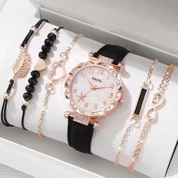 cuci gudang 5pcsins jam tangan kuarsa wanita wanita bunga kuarsa jam tangan arab digital dial gelang