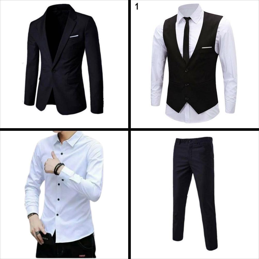 GARANSI SETELAN JAS PRIA/ SETELAN JAS HITAM LIST PUTIH DAN CELANA SLIMFIT FORMAL  STELAN JAS HITAM P