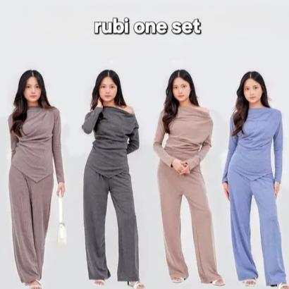 kualitas super ruby one set / setelan kulot wanita baju muslim bahan knit