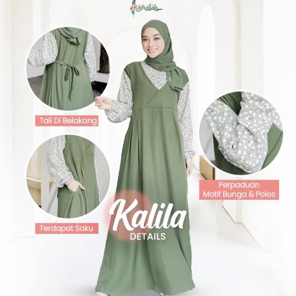 Premium Kalila Dress Muslim Korea Greengrey Greenforest - Gamis Wanita Terbaru Syakila Twill Premium