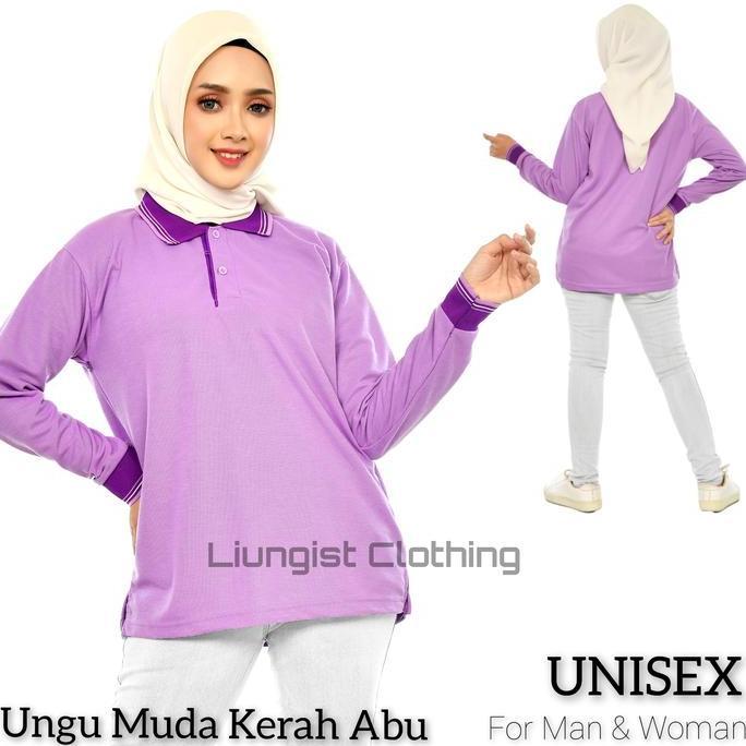 Kaos Polo Panjang Ungu Muda Kerah Ungu Tua / Baju Kaos Kerah Panjang Pria Wanita