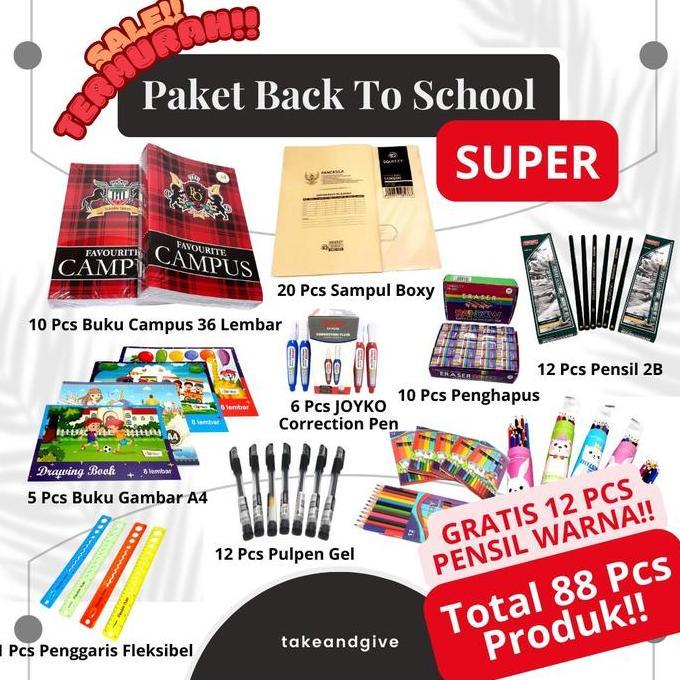 PAKET BACK TO SCHOOL 88PCS GRATIS 12 PCS PENSIL WARNA 10PCS BUKU CAMPUS + 5PCS BUKU GAMBAR A4 + 12PC