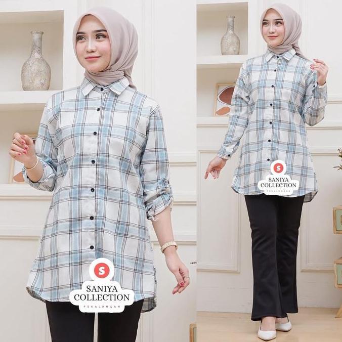 DISKON FARRAH Tunik Flanel Premium Wanita Motif Kotak Garis Atasan Muslim DISKON