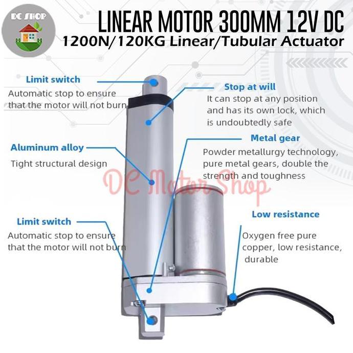 LINEAR MOTOR 300MM 12V DC 5MM/S 1200N / 120KG LINEAR/ TUBULAR ACTUATOR SOS