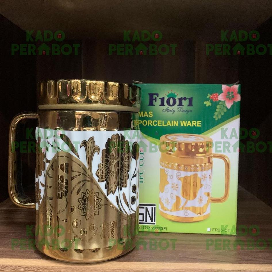 Mug Emas Fiori-Cangkir Tutup Keramik-Cangkir Emas Cantik