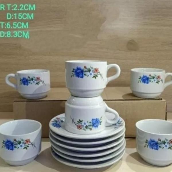 Cangkir ; Motif Bunga Ros Bahan Keramik Set 12 Pcs ( 6 Gelas Gelas Dan 6 Tatakan) Set Gelas Kado Gel