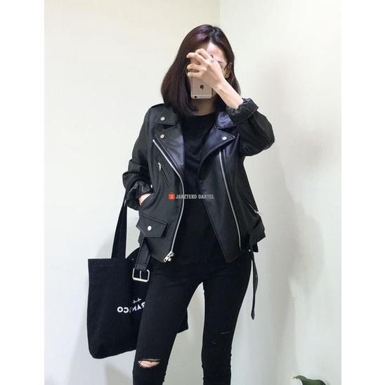 terbaru jnk x rms - jaket kulit wanita ramones changcuters korea blazer style punk women shirt black