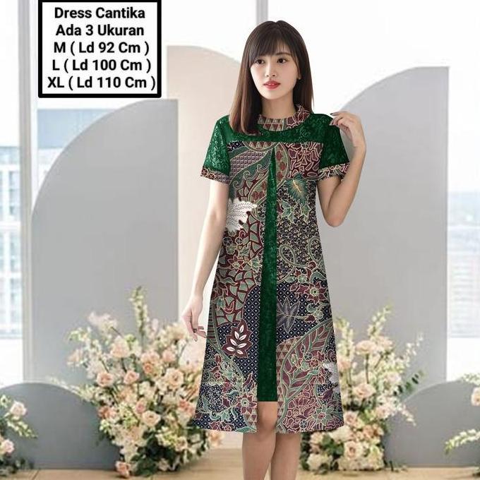 DISKON Alf-Dress Cantika Girl Midi Model Terbaru Matt Batik Kombinasi Brokat Mutiara Modern Elegant 