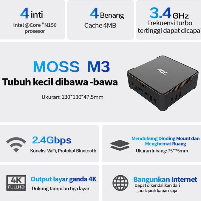 AOC MOSS M3 PC N150 Gaming Full Set ITX//Mini Komputer Desktop Kantor Prosesor Intel i5/i7 Mendukung