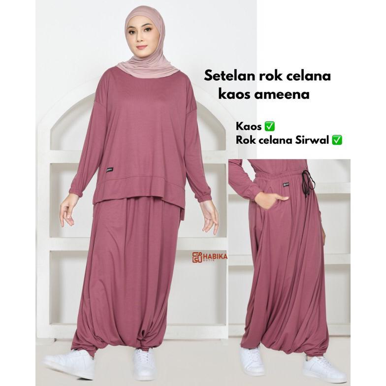 Setelan Kaos Olahraga wanita kaos+rok celana 1 set Lengan Panjang syari bahan double super