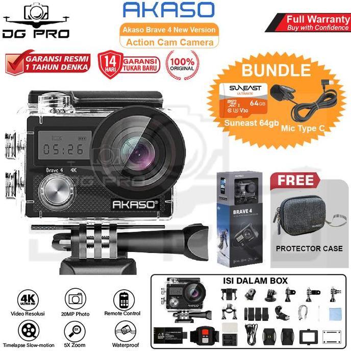 Akaso Brave 4 New Version Action Cam Camera Wifi 4K Waterproof + Remote Resmi