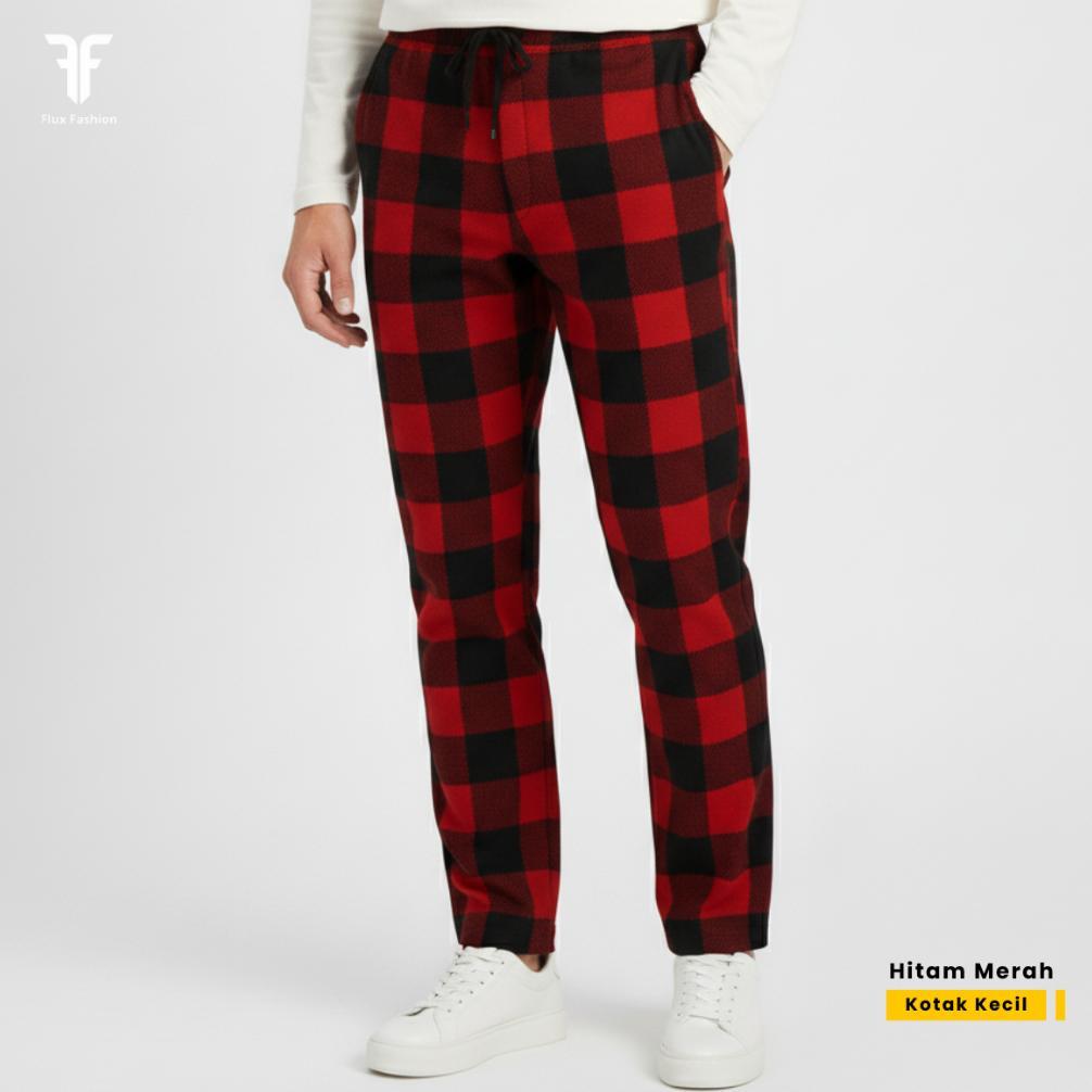 Diskont Tartan Celana Panjang Unisex Motif Kotak Kotak Putih Hitam / Celana Tartan Korea Style /Pria