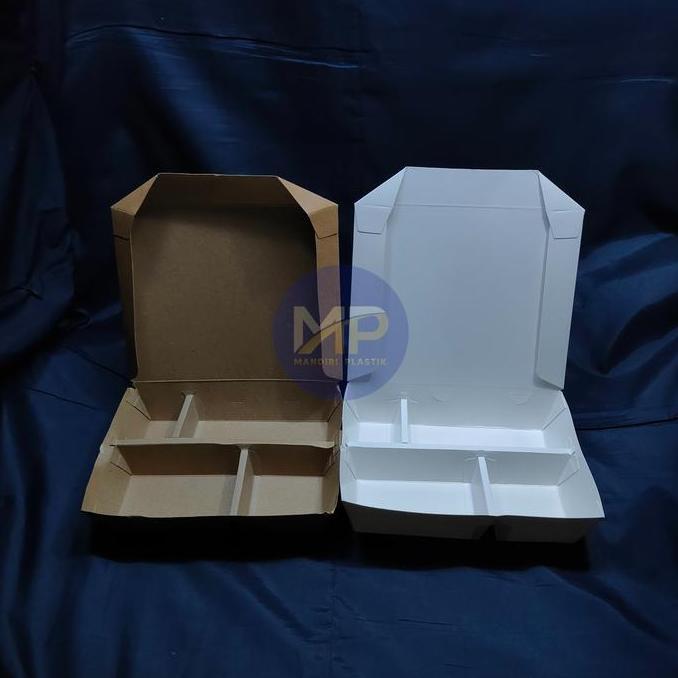 Lacha- Paper Lunch Box Sekat 4 / Kotak Makan Kertas Sekat 4 Putih Kraft Coklat -100Pcs