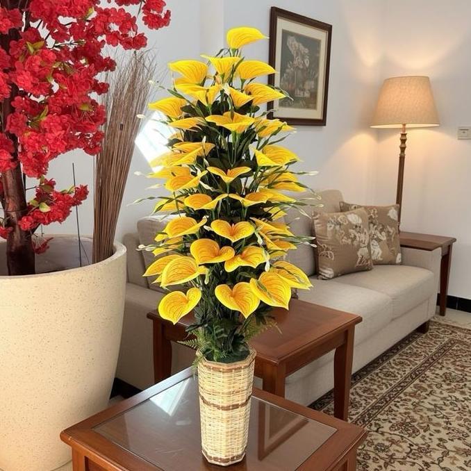 Bunga Hias Mawar/Bunga Lily/Daun Set Pot Rotan untuk Dekorasi Rumah dan Kantor
