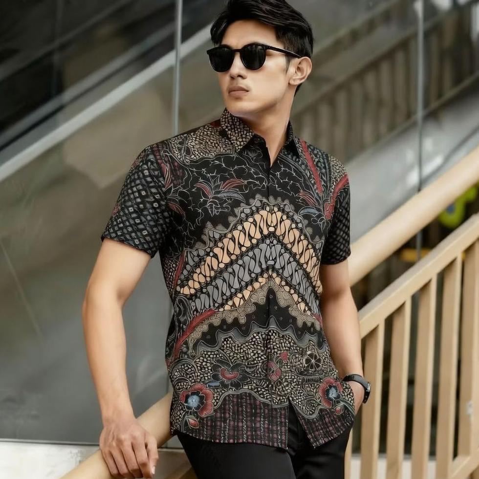 Batik Warna Agung Batik Manggar Abu Batik Pria Premium Lengan Pendek Hem Pria