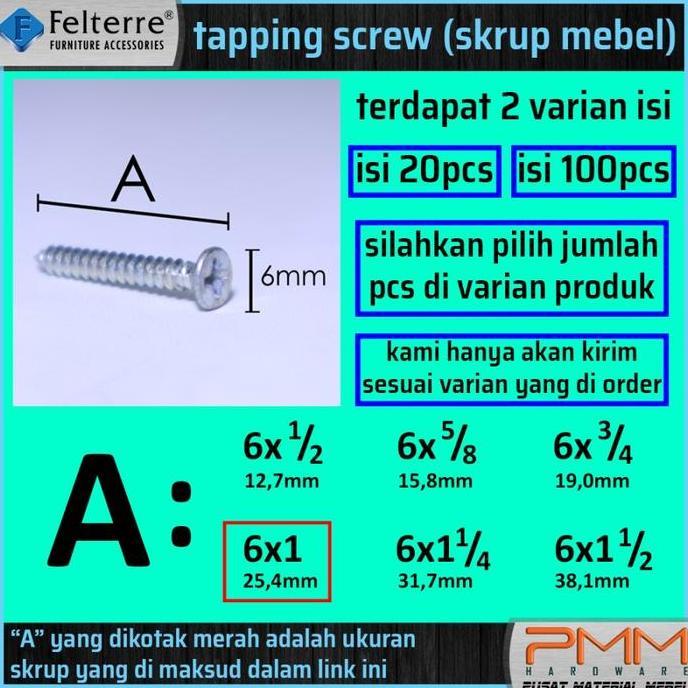 6 x1in=20 MOONLION/ FELTERRE TAPING SCREW SKRUP SEKRUP ALUMINIUM